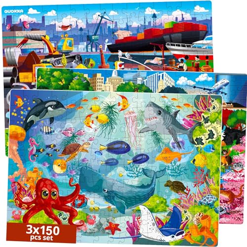 QUOKKA Floor Puzzles for Kids Ages 8-10 – 3X150 Piece Puzzles for Kids Ages 4-6 – Toy for Learning Ocean & Animals & Vehicles for 6-8 yo – Jigsaw Toddler Game for Boy and Girl Ages 3-5