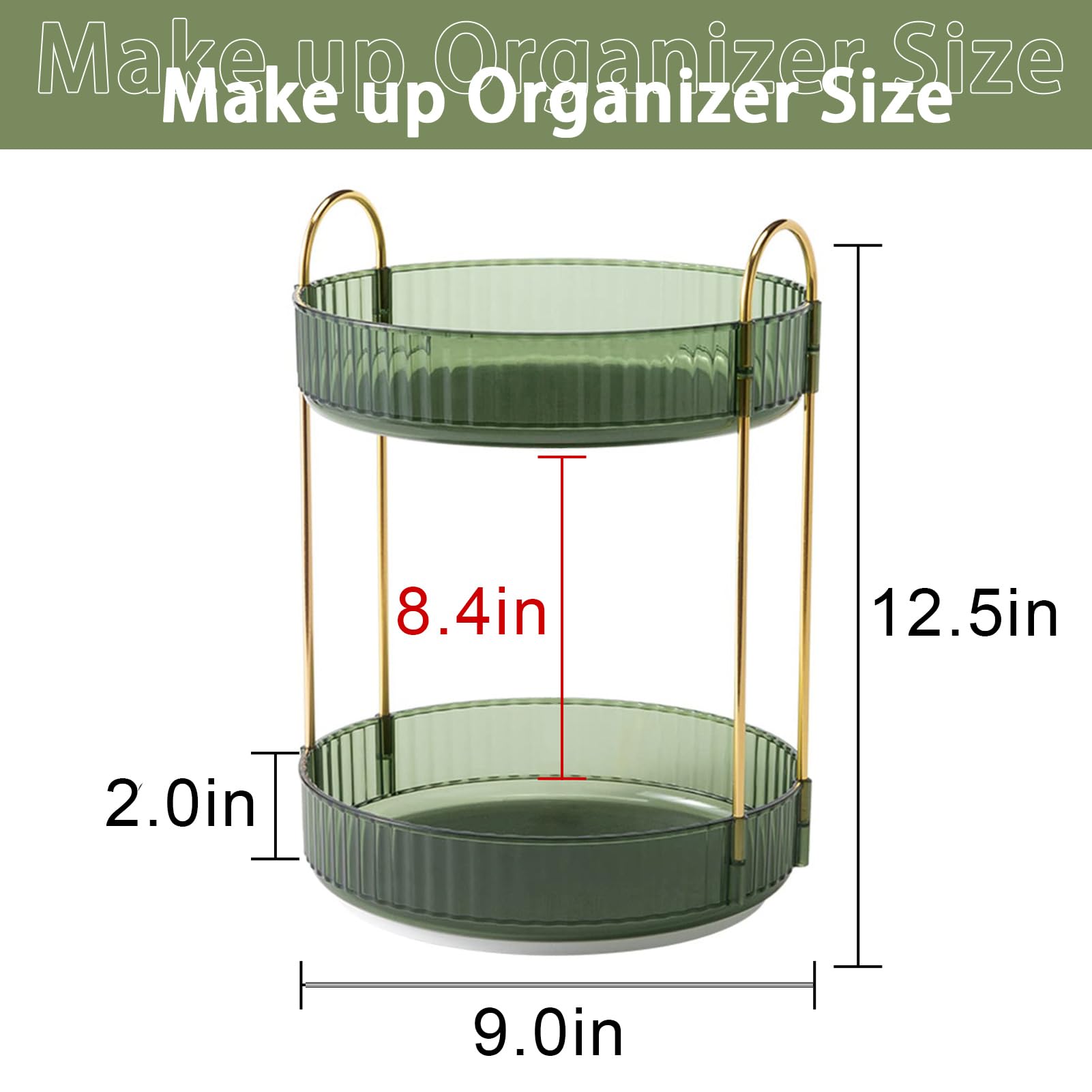 shuang qing Rotating Makeup Organizer for Vanity 2 Tier, High-Capacity Skincare Clear Make Up Storage Perfume Organizers Cosmetic Dresser Organizer Countertop 360 Spinning （Green）