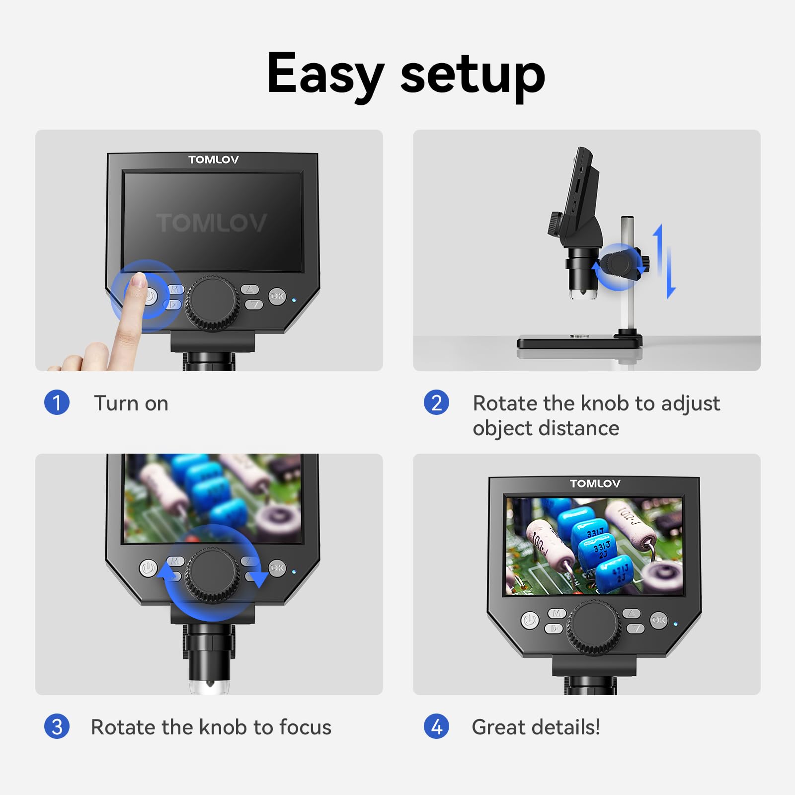 TOMLOV Digital Microscope 4.3" HD LCD Screen, 10.0MP Coin Magnifier, 1-1000X Zoom Stereo Camera, 8 Adjustable LED Lights, Long-Lasting Battery, 32GB SD Card Included - Model DM4 Lite