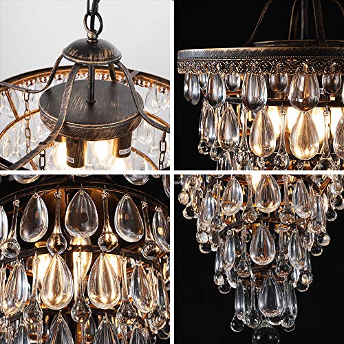 Wellmet 14 Inch Crystal Chandelier,Farmhouse Bronze Bathroom Chandeliers,4-Light Foyer Lighting Hanging Pendant Light Fixture for Bedroom Entryway Living Kids Room Corridor Closet