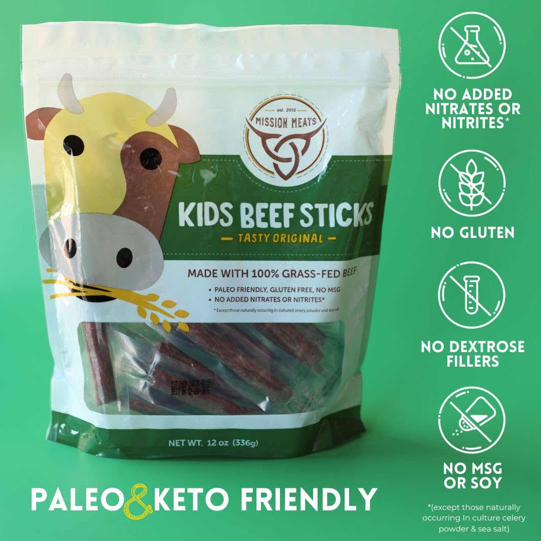 Mission Meats Kids Beef Sticks – 100% Grass Fed Mini Beef Sticks, Kids Lunch Snacks & Toddler Snacks, Non-GMO, Kids Meat Snacks, Allergen Free, Gluten Free Snacks, 0.5oz (Original, Pack of 24)