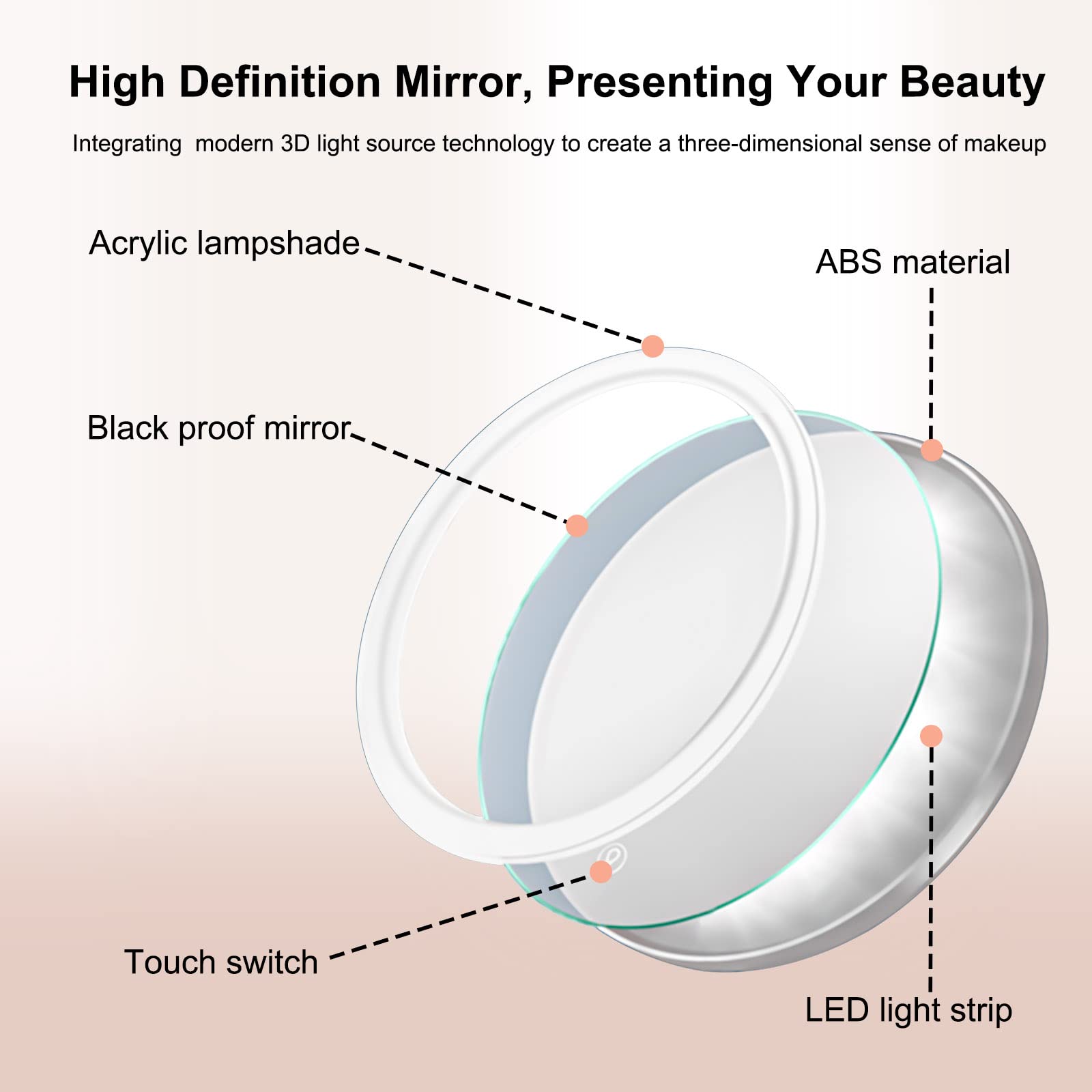 AIKELIN Adjustable Height Makeup Mirror with Light,Rechargeable 8" HD Double Sided Mirror,3 Color Lights and 1X/10X Magnifying Swivel Mirror,Tabletop Cordless Vanity Mirror with Lights,Nickel.