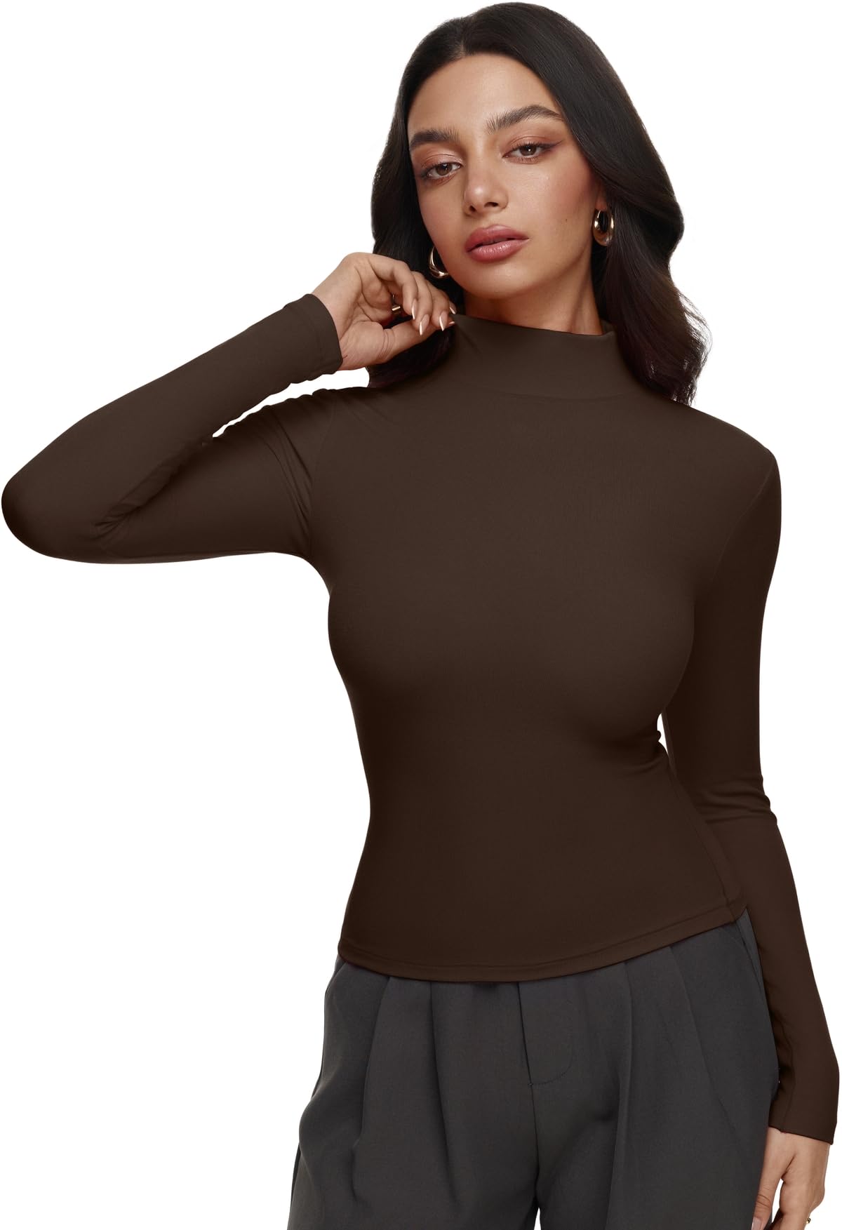 REORIA Women’s Turtleneck Tops Slim Basic Mock Neck Long Sleeve Shirts 2025 Fall Winter Layering Outfits Coffee Small