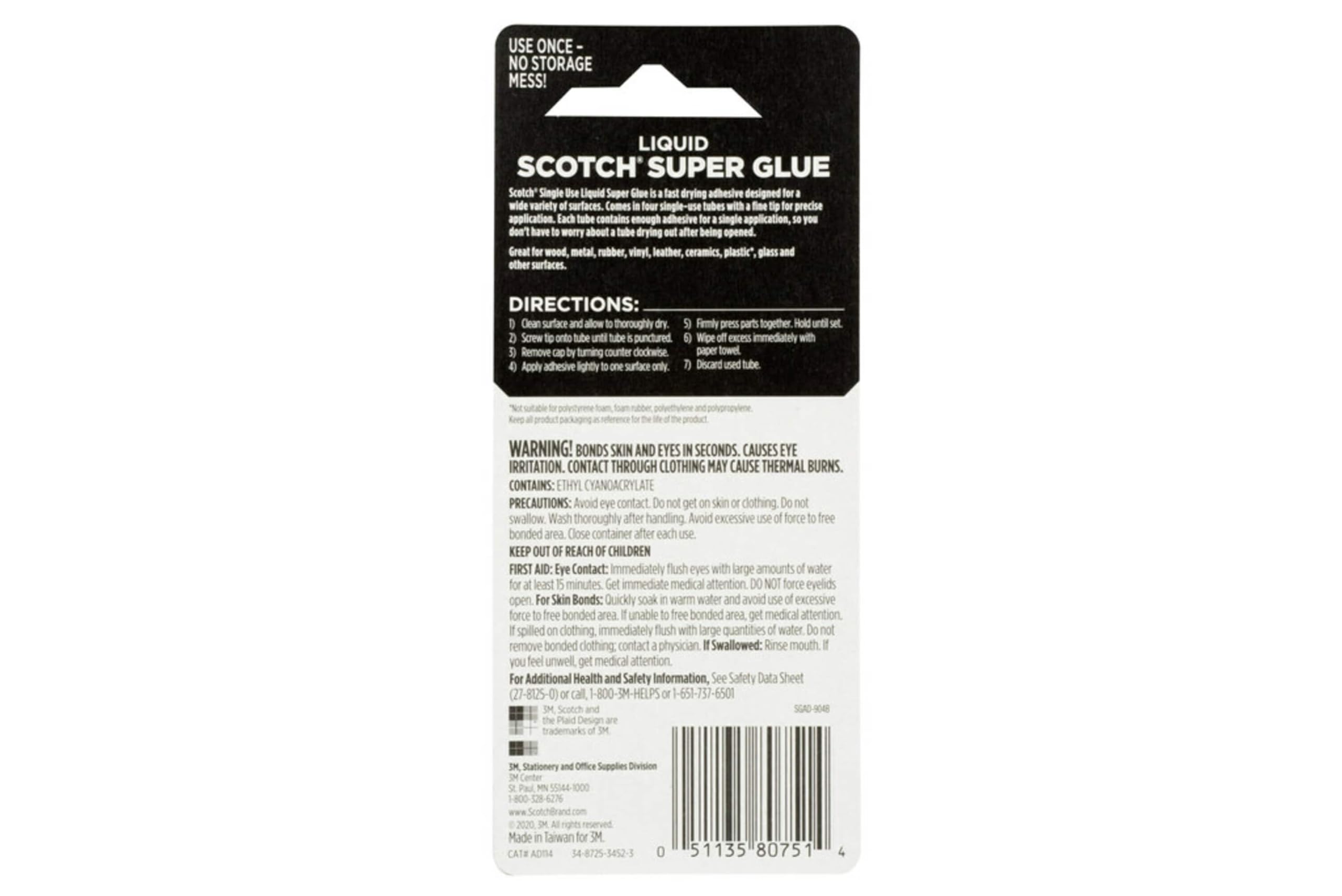 Scotch Super Glue Liquid, 4-Pack of Single-Use Tubes, .017 oz Each, Fast Drying Liquid Formula (AD114)