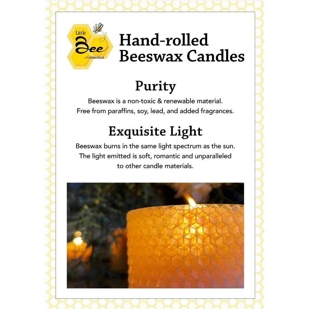 8 Inch Hand-Rolled Beeswax Taper Candles - Little Bee of Connecticut (Single Pair)