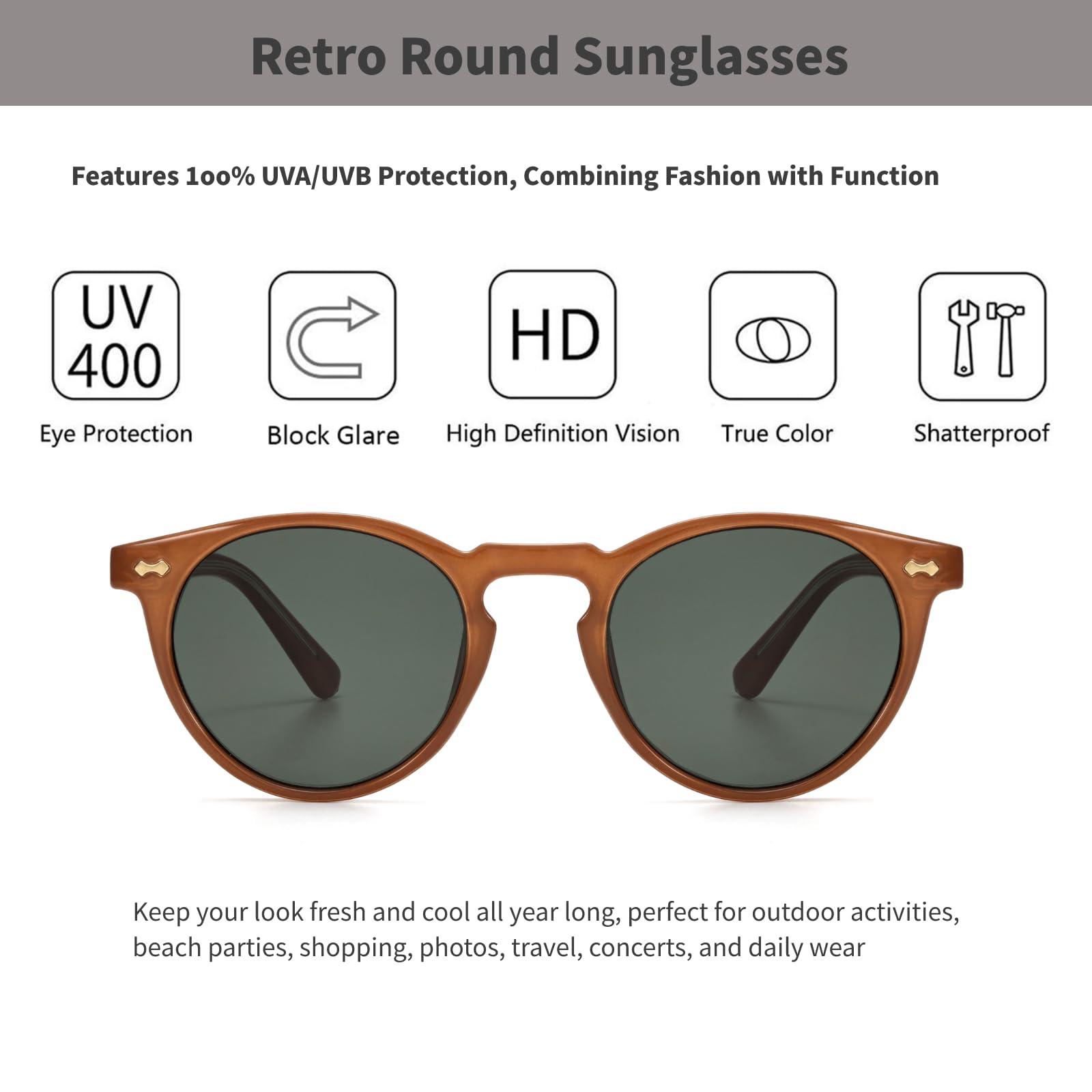 hnbliv Small Retro Round Sunglasses for Women Men UV400 Protection Vintage Designer Trendy Brown Frame