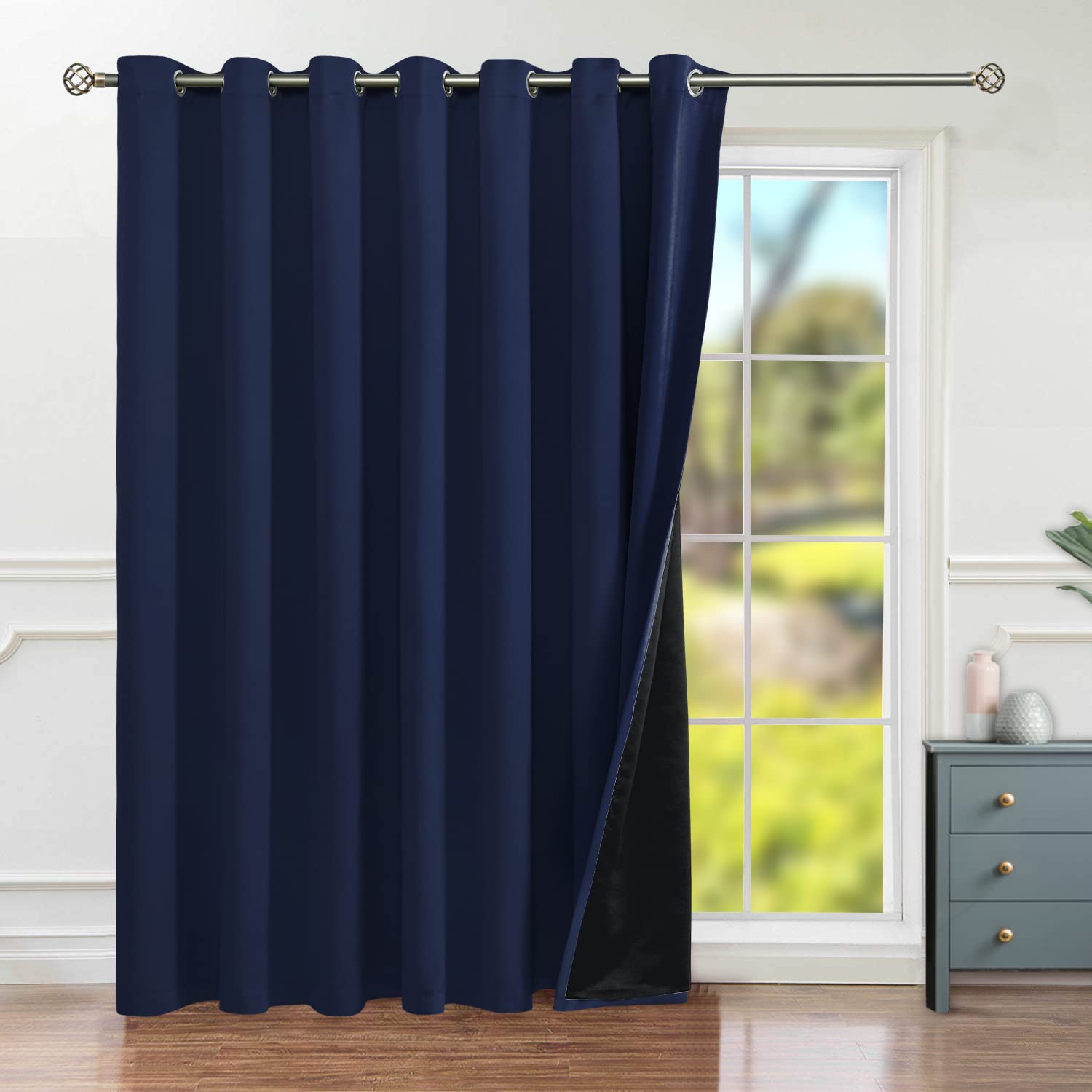 BGment Sliding Door Curtain for Patio, Room Divider Curtain 100% Blackout Double Layers Extra Wide Curtain with Liner, 1 Panel, 100 x 108 Inch, Navy Blue