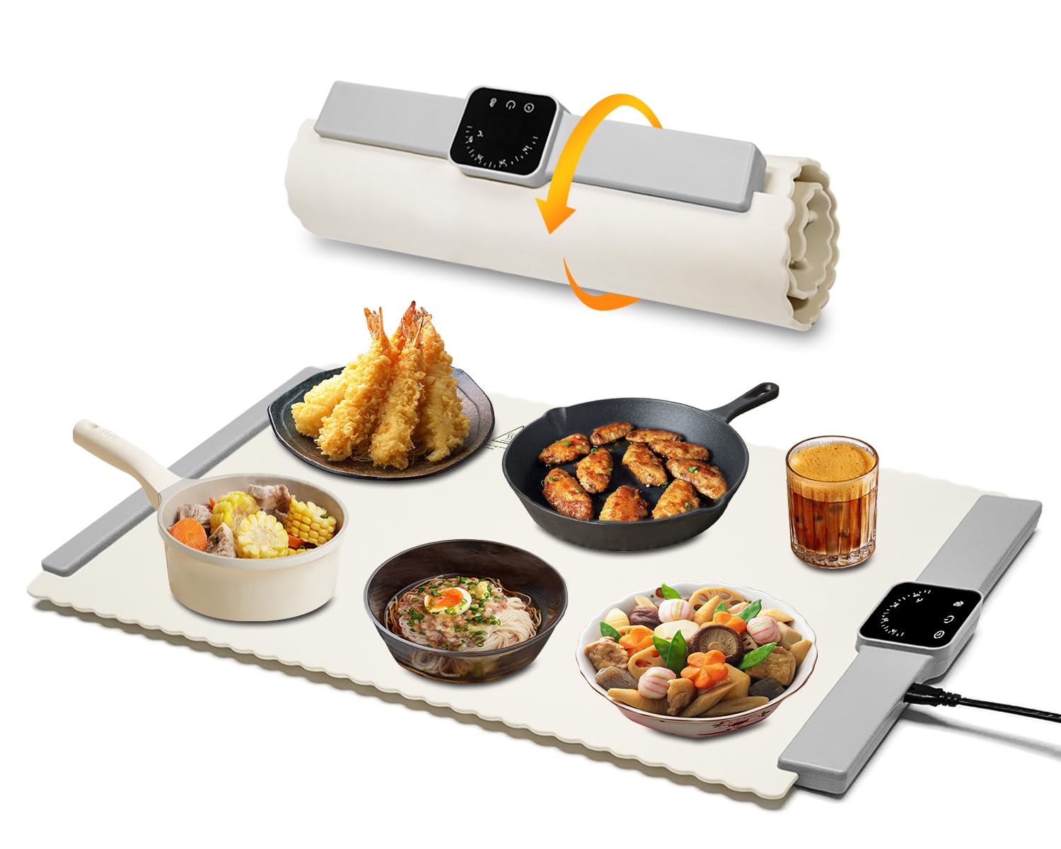 Food Warmer Mat, Electric Portable Silicone Warming Plate, Roll Up Heating Tray for Food, 5 Heat Levels, 24x15.7, (White)