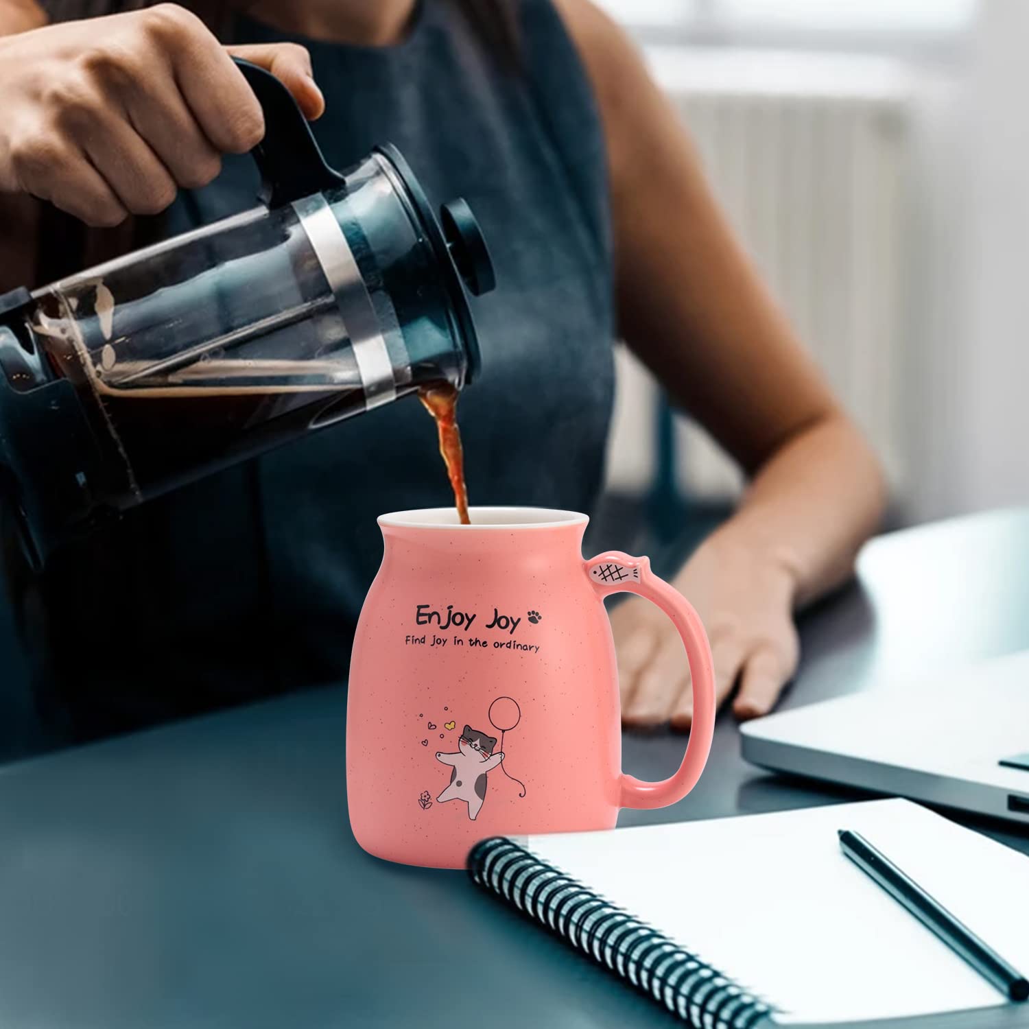 Novelty Cat Mug Cute Ceramic Coffee Cup with Kawaii Wooden Kitty Lid, Lovely Cat Claw Spoon, Anime Wooden Cat Coaster, Cat Things Pink Birthday Mug Gift for Cat Lovers Girl Kids Women 480ML (Pink)