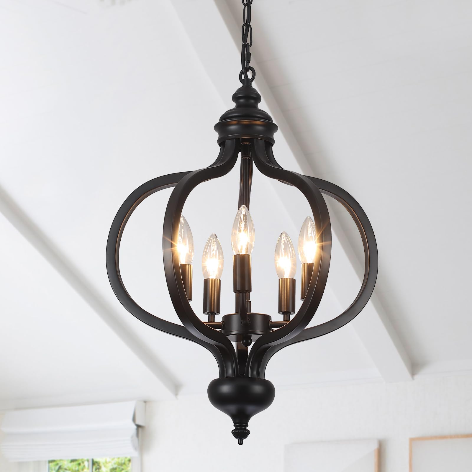 PUMING Black Farmhouse Chandelier 5 Light Orb Farmhouse Chandelier Industrial Dining Room Light Fixture Adjustable Height for Kitchen Living Room Bedroom Foye