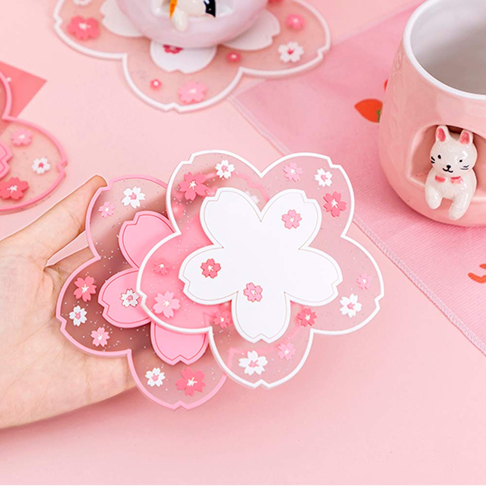 Sakura Coffee Cup Mat Kawaii Coaster 2PCS Cute Cherry Blossom PVC Home Tea Mug Pink Flower Pattern Anti-Skid Pot Bowl Pad Placemat for Desk Drink Table Decor Kawaii Accessories (Small)