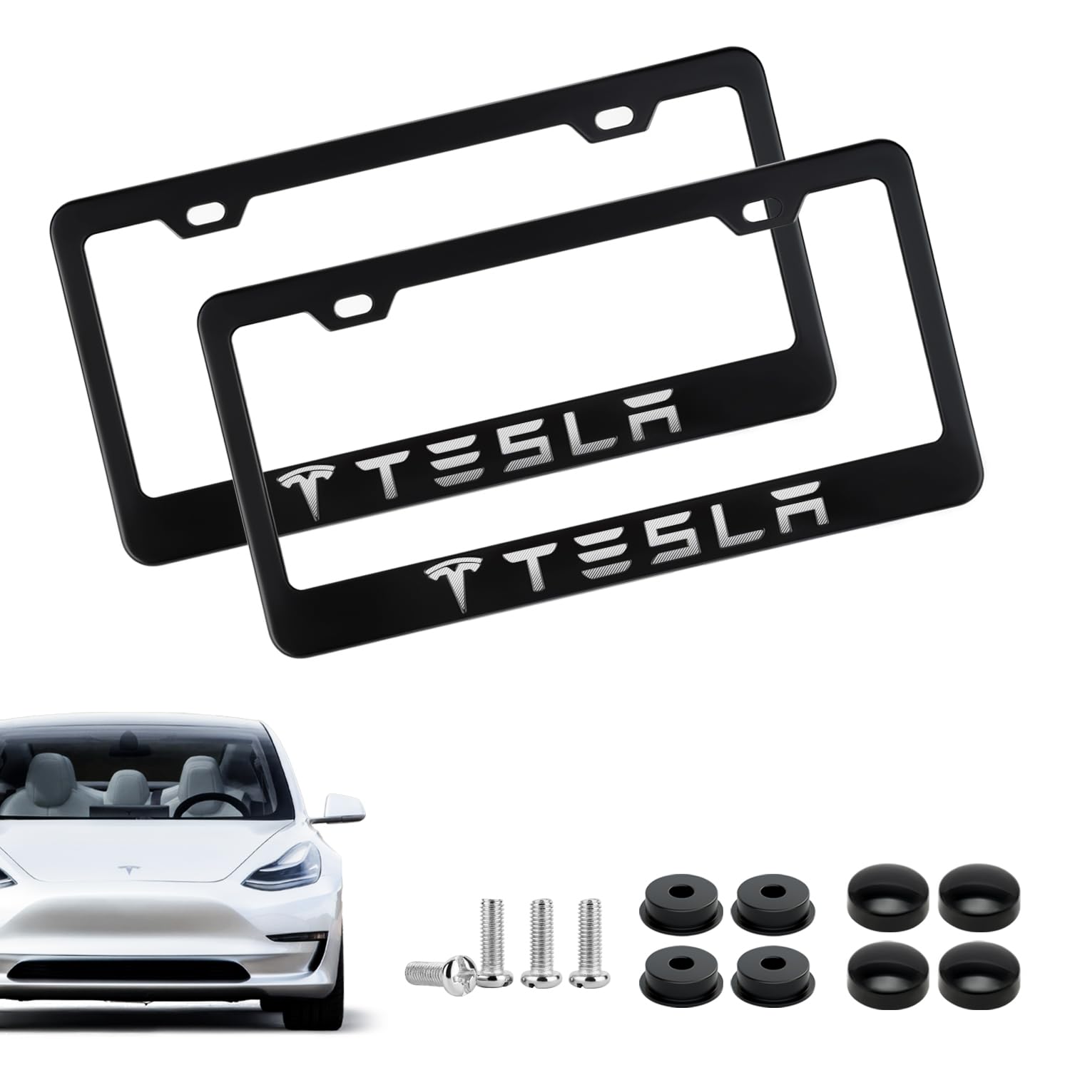 2PCS License Plate Frames for Tesla, Model 3/Y/S/X Accessories, Aluminum Alloy Weather Proof License Plate Holder, Matte Black Tesla 3D Tag Frame Cover with Screw Caps