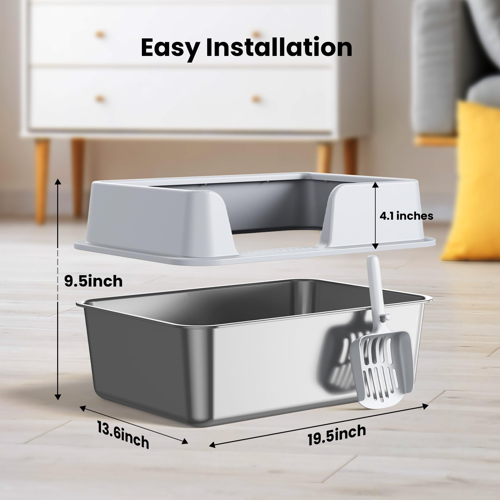 Stainless Steel Cat Litter Box with Lid, NAUGHTYTRIBE Covered Litter Box for Cats Metal Litter Pan Tray with High Wall Sides Enclosure, Anti-Leakage, Include Litter Scoop, Size:19.5"x13.6"x9.5"
