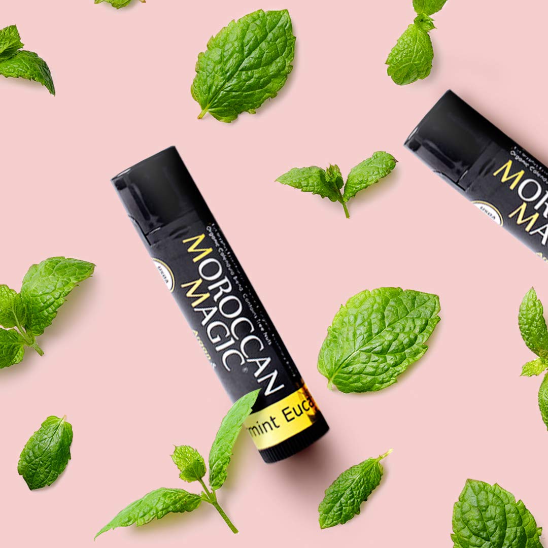 Moroccan Magic Organic Peppermint Eucalyptus Lip Balm 3 Pack | Chapsticks for Dry Lips | Natural Argan & Essential Oils Lip Moisturizer + Vitamin E | Smooth, Hydrating, Non-Toxic | Organic Lip Balm