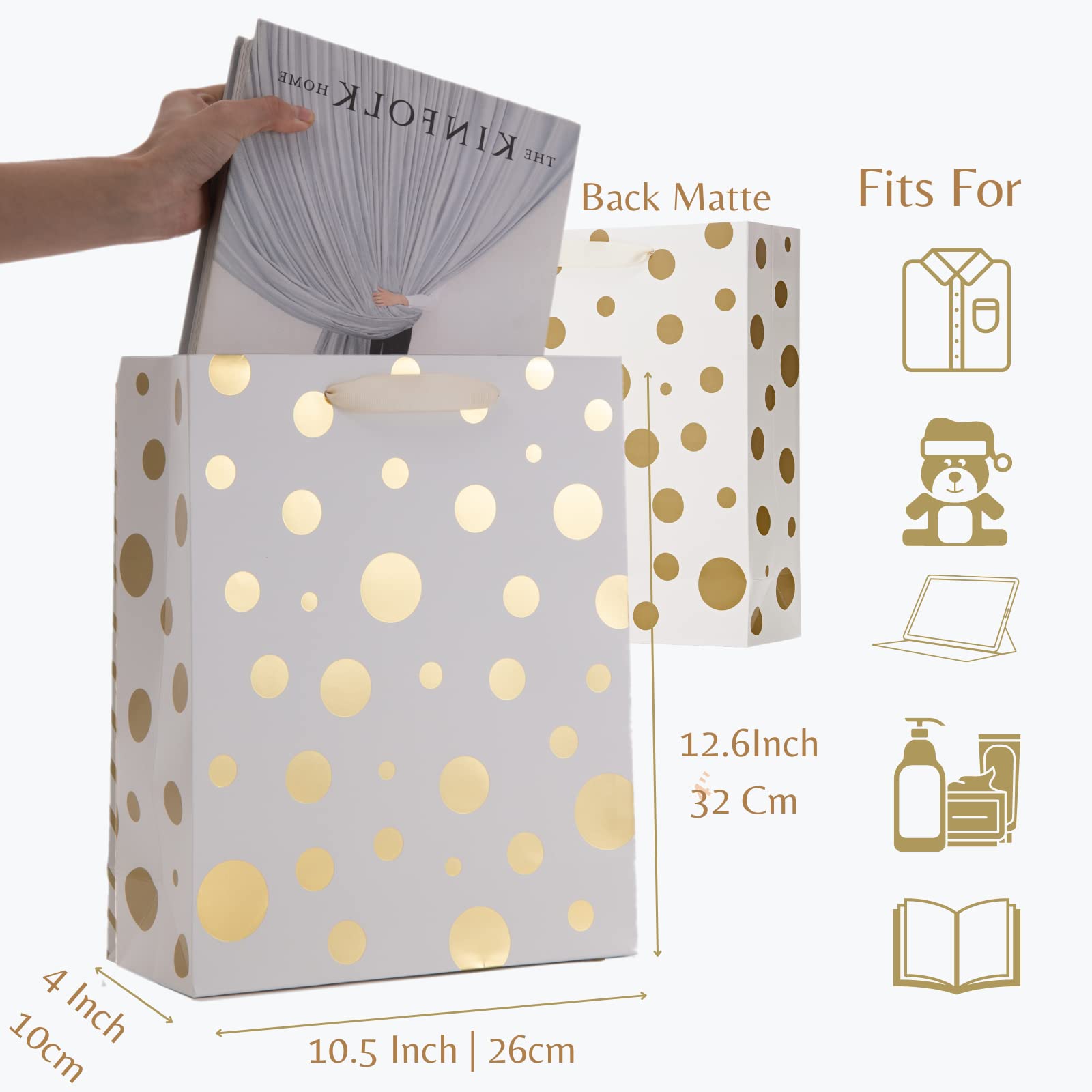 UNIQOOO 12PCS Metallic Gold Christmas Gift Bags Bulk with Handle, Large 12.5 x10 Inch, Assorted Modern Geometric Paper Gift Wrap Bags, For Valentines Day Holiday Birthday Wedding Gift Packaging Decor