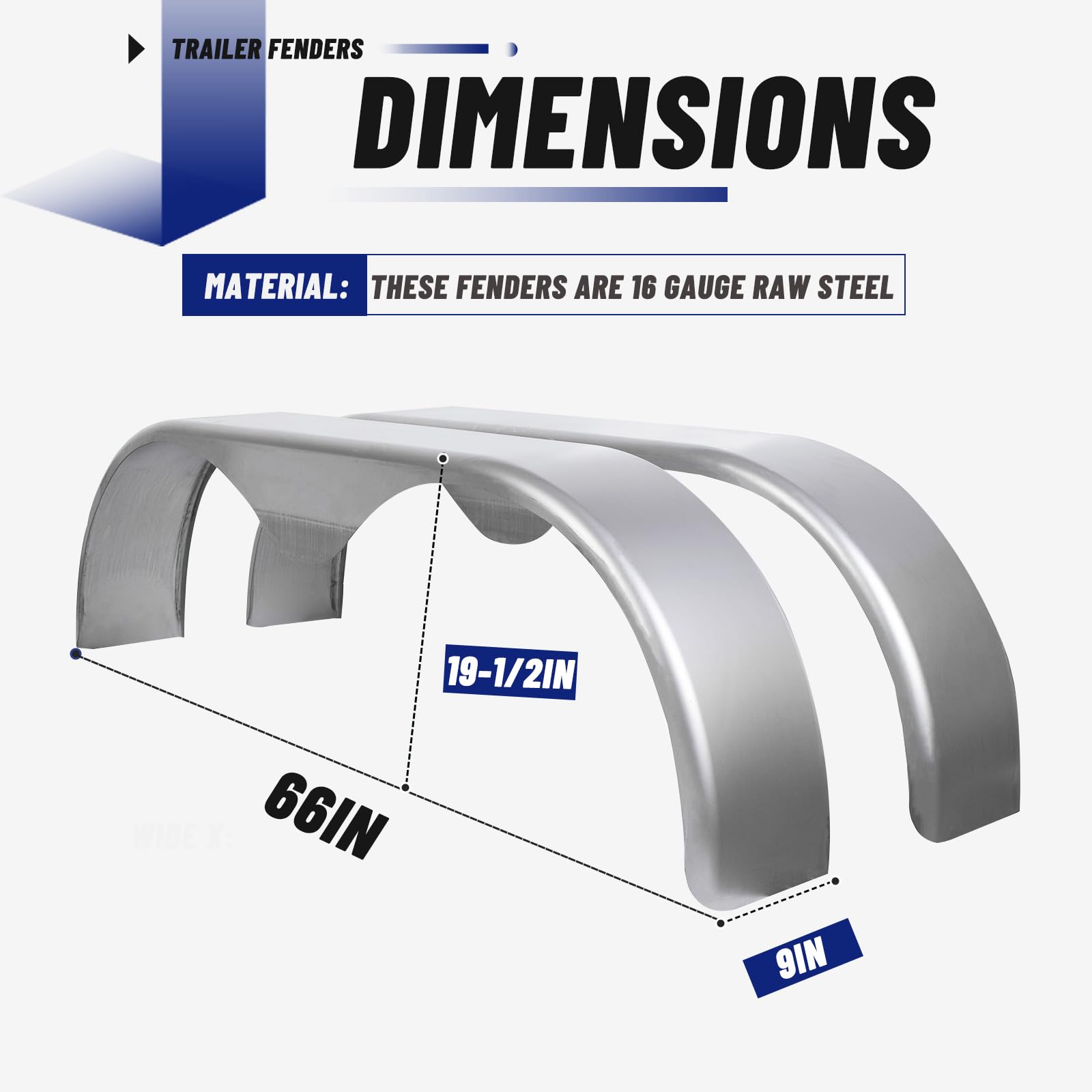 ECOTRIC 2Pcs Tandem Trailer Fender Double Axle Compatible with 13-15 Inch Wheels Teardrop Pair Enclosed Trailers 9" x 66" x 19.5" - Cold Rolled Steel