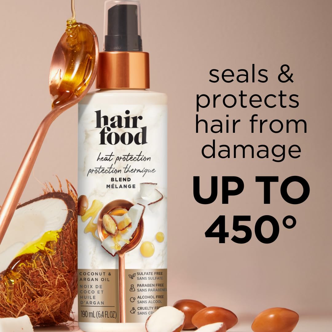 Hair Food Coconut & Argan Oil Heat Protectant Leave-In Spray for All Hair Types, 450°F Heat Protection, Sulfate-Free, Paraben-Free, Dye-Free, Alcohol-Free, Adds Shine, 6.4 Fl Oz