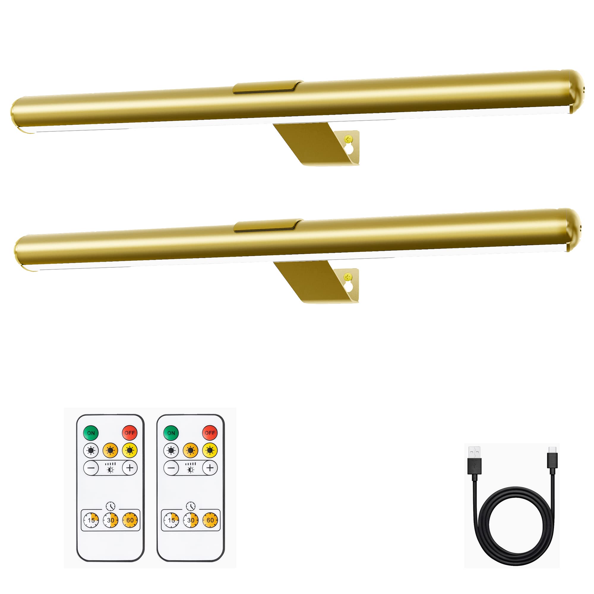 Battery Picture Lights 16.5inch-2PACK ,Wireless Rechargeable Painting Light for Art with Remote,Full Metal Led Picture Lights Dimmable Wall Light for Portraits,Dartboard,Gallery-Gold with Patent