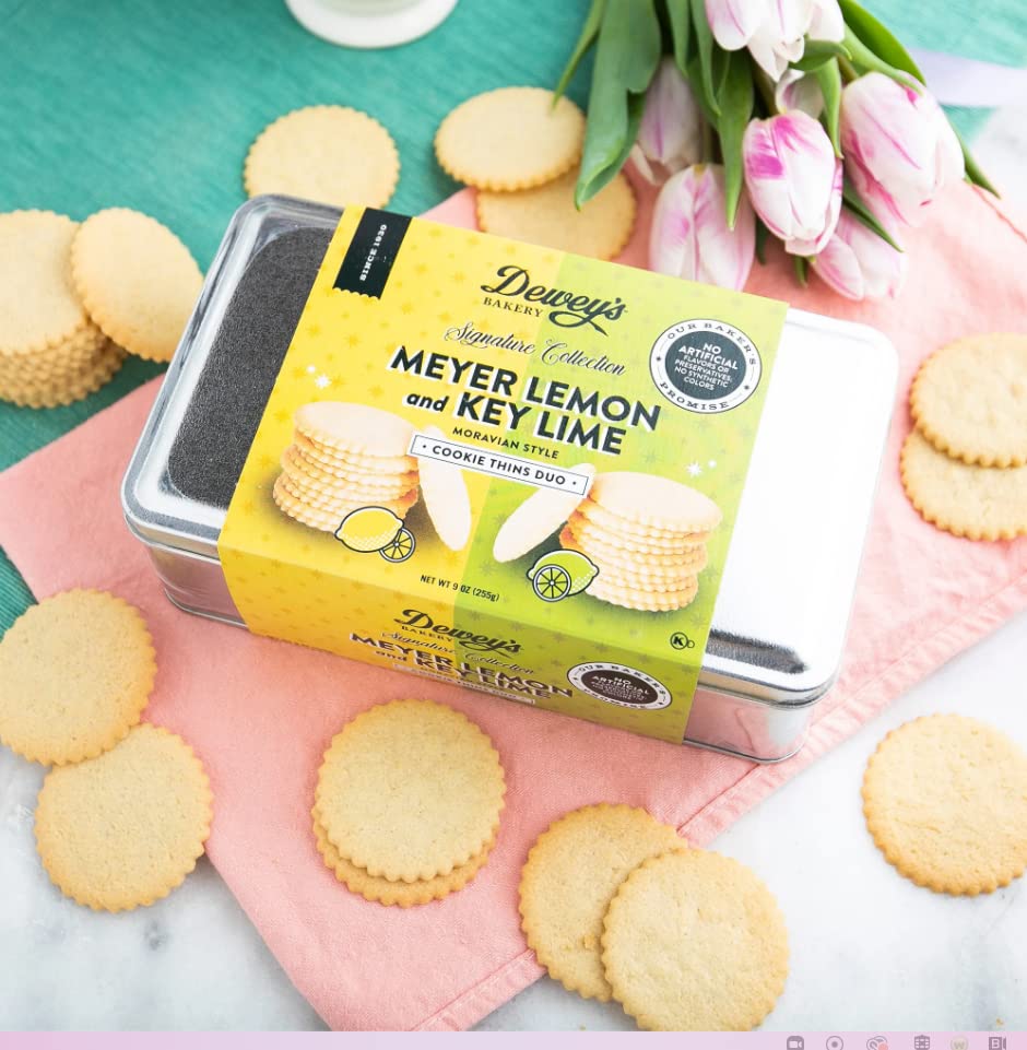 Dewey's Bakery Meyer Lemon and Key Lime Gift Tin Set | Moravian Style Thin Cookies | Baked in Small Batches | Real, Simple Ingredients | Valentine's Day Cookie Food Gift| (Pack of 2)