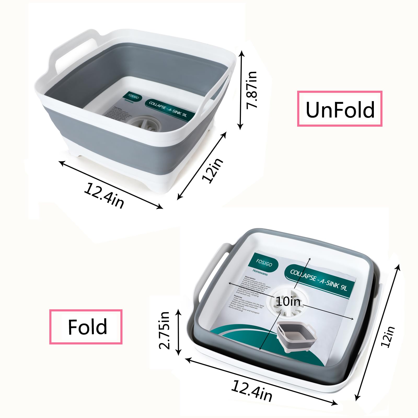 FOSJGO 2.4 Gal(9L) Collapsible Dish Basin with Drain Plug,Space Saving Multiuse Foldable Sink Tub,Dishpan,Kitchen Sink for Camping,Plastic Tub,Vegetable Washing,Beverage Tubs