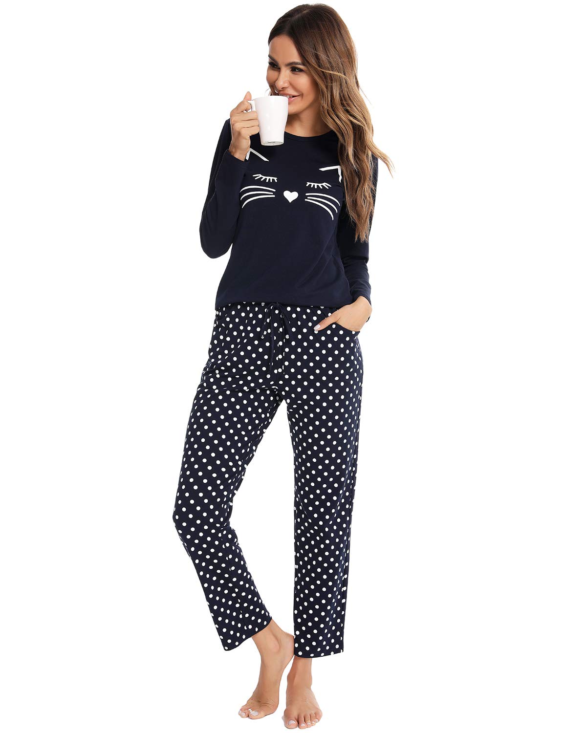 EISHOPEER Women's Long Sleeve Cat Print Top and Polka Dot Pants Sleepwear Pajama Set Navy Blue XS
