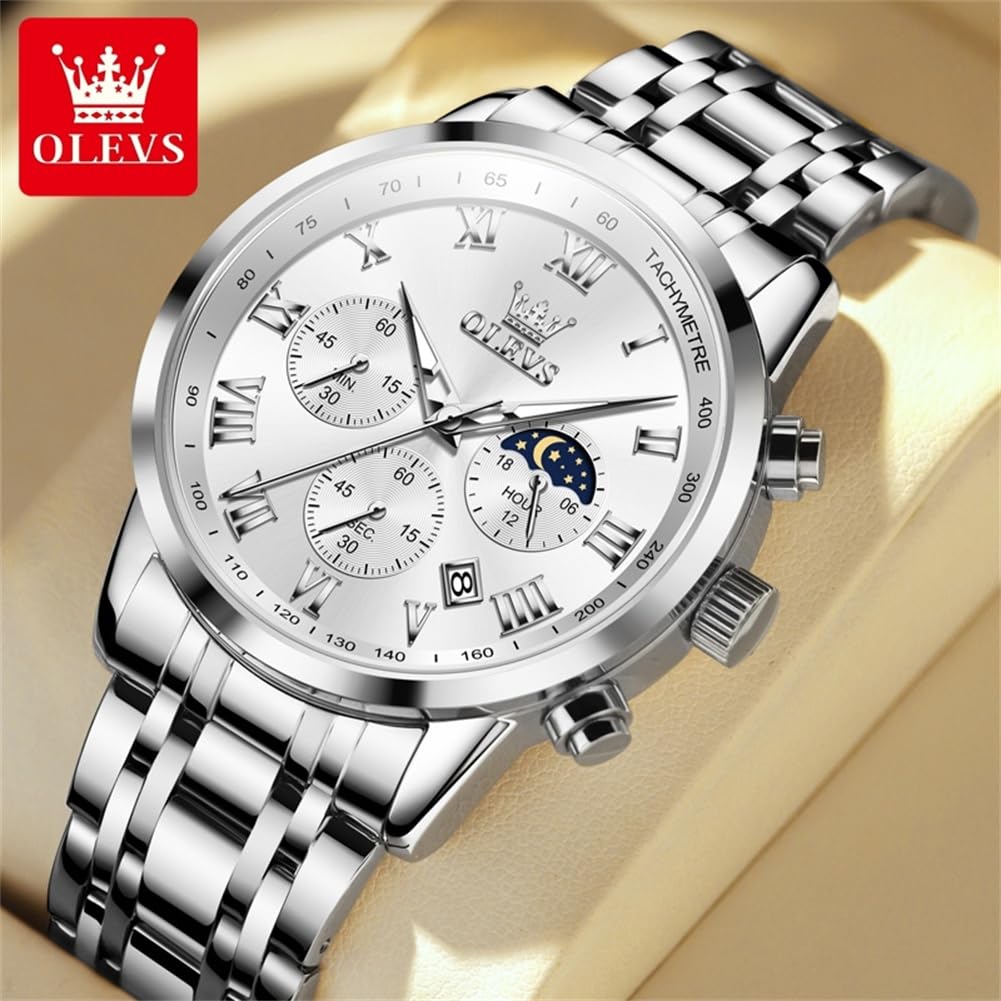 OLEVS Men Analog Quartz Watches Fashion White Dial Watches for Men Chronograph Watches Sliver Stainless Steel Watches Men Day Date Watches Mens Waterproof Watches Roman Numerals Watches Luxury