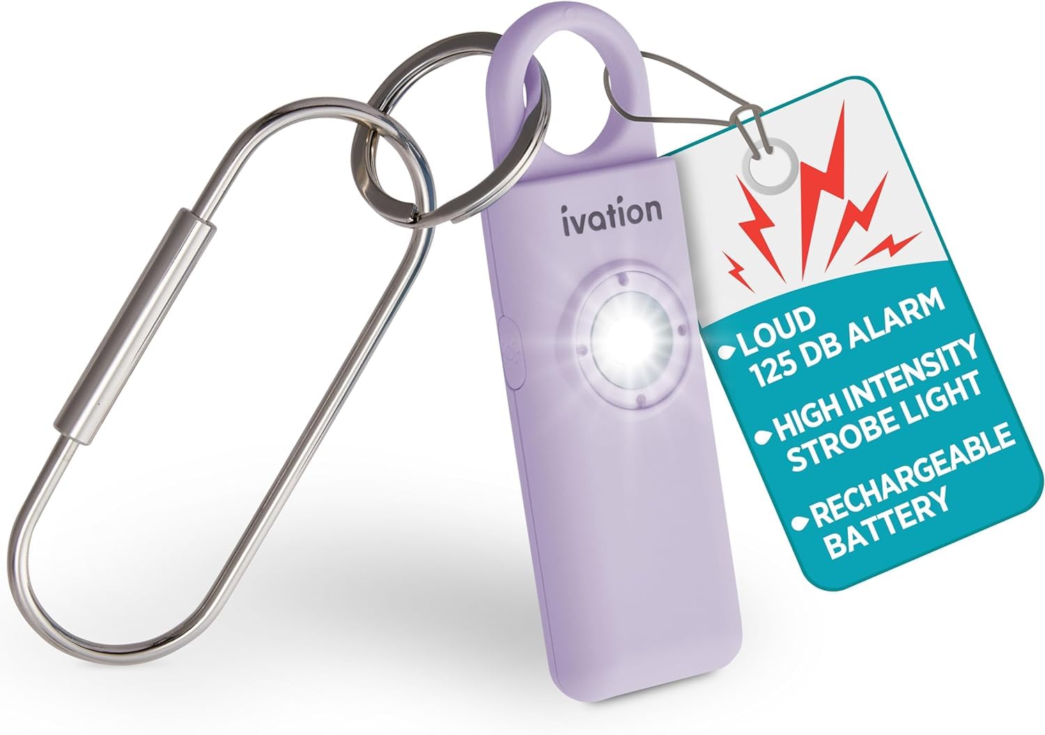 Ivation Personal Rechargeable SOS Alarm, Pocket Size Loud 130dB Sound Safety Siren & LED Panic Strobe Light with Carabiner Keychain Clip for Women, Children & Seniors, Lavender