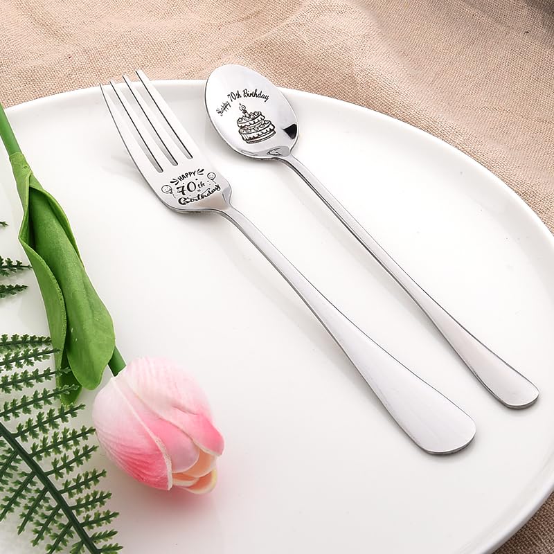 Happy 70th Birthday Gifts for Women Men Funny Cake Spoon and Fork Set 70 Year Old Birthday Gifts for Mom Dad 70 Yr Old Birthday Gifts for Grandma Grandpa Birthday Gifts for Sister Brother Gift Ideas