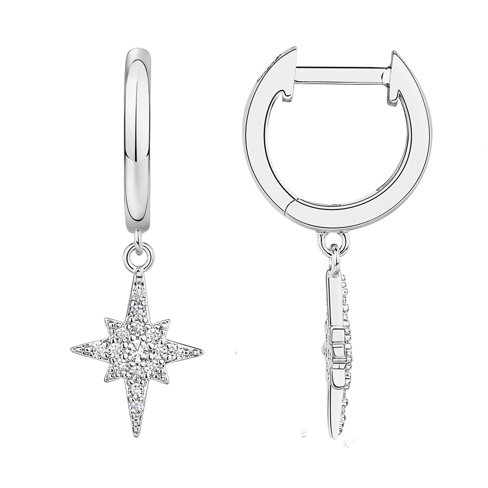 PAVOI 14K White Gold Plated S925 Sterling Silver Post Drop/Dangle Huggie Earrings for Women | Dainty Star Earrings