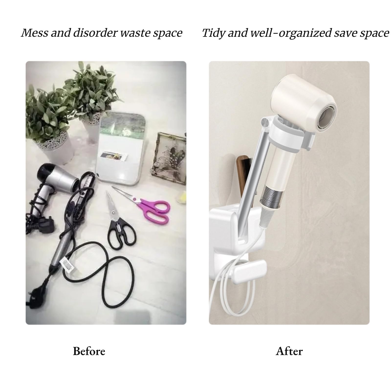 Hands Free Hair Dryer Holder Wall Mounted, No-Drill Adjustable Blow Dryer Stand with Rotating Arm & Cable Hook, Universal Bathroom Hairdryer Organizer for Vanity, Wigs, Pet Grooming, Durable Design