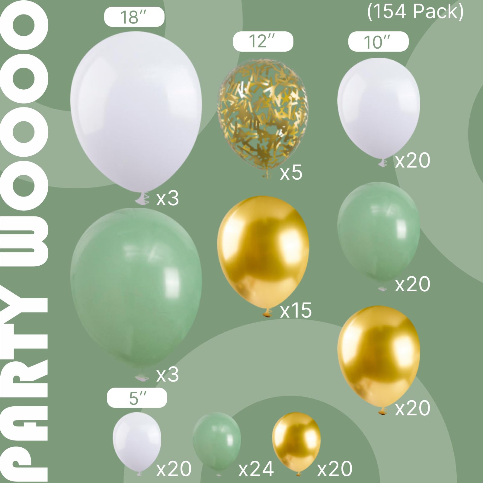PartyWoo Sage Green Balloon Arch Kit Garland 154 pcs Different Sizes of 18 12 10 5 Inch Sage Oliver Green White Metallic Gold Confetti Balloons for Baby Shower Graduation Birthday Party Decorations