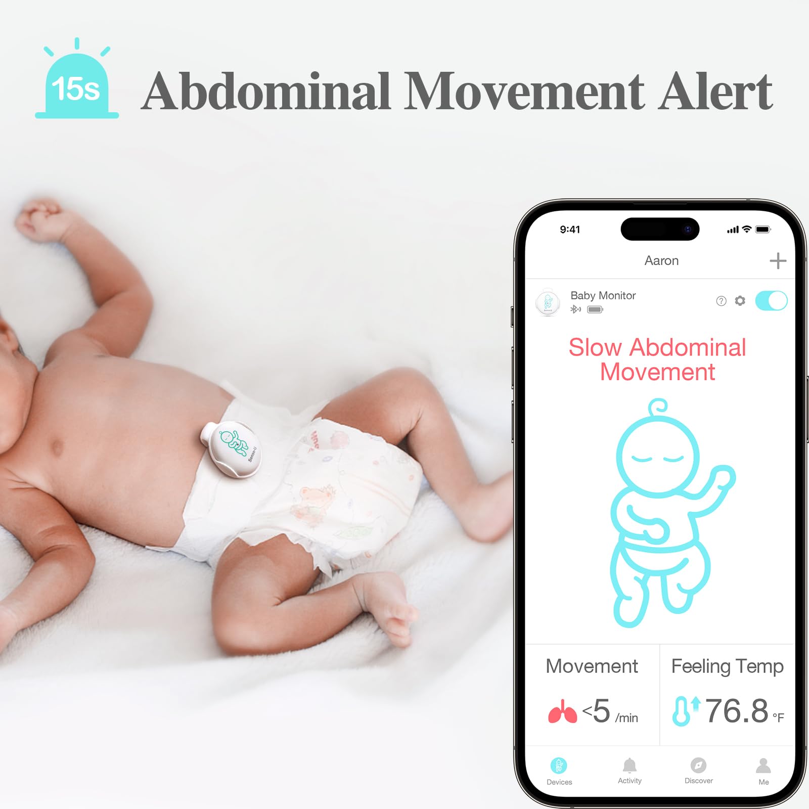 Sense-U Smart Baby Abdominal Movement Monitor - Tracks Baby's Abdominal Movement, Feeling Temperature, Rollover with Instant Audio Alerts on Smartphones