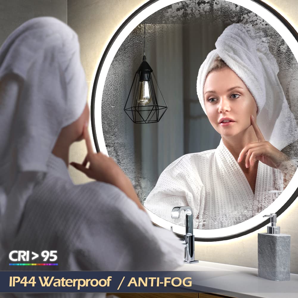GANPE LED Sensor Mirror, Round Human Body Induction, Black Framed Vanity Mirror, Illuminated Dimmable Anti Fog IP44 Waterproof Wall Mounted Mirror (32" L x 32" W)