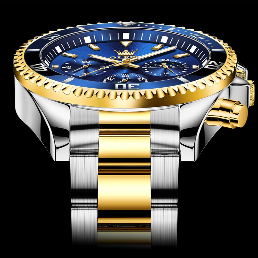 OLEVS Mens Watches Blue Chronograph Luxury Dress Moon Phase Quartz Stainless Steel Waterproof Luminous Business Calendar Wrist Watch