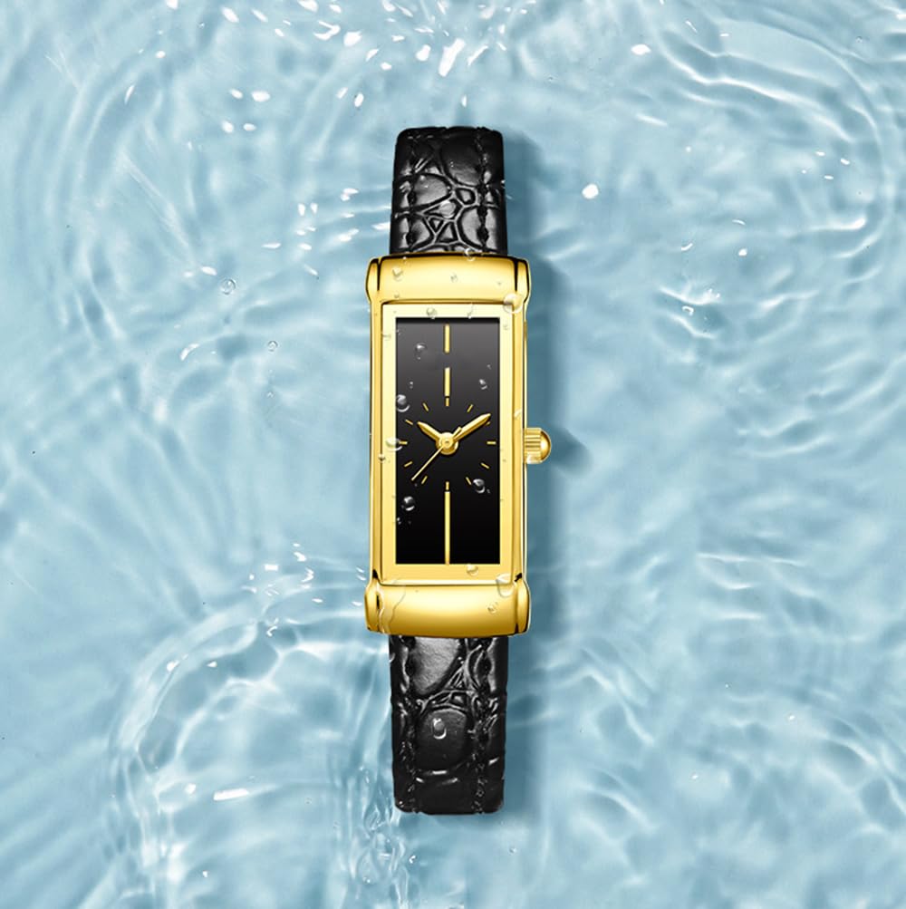 BESTKANG Women's Leather Watch Fashionable Rectangular Elegant Retro Waterproof Wrist Watch (Black Gold)