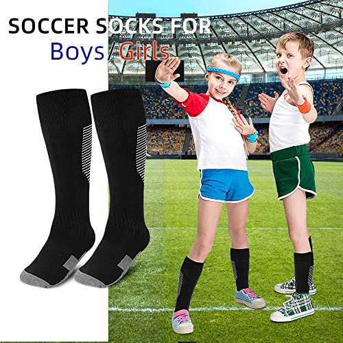 ZEPOHCK Kids Athletic Soccer Socks 2 Pairs, Knee High Socks for Youth Boys Girls, Shoe Size 3-6.5, Ages 6-12, Black