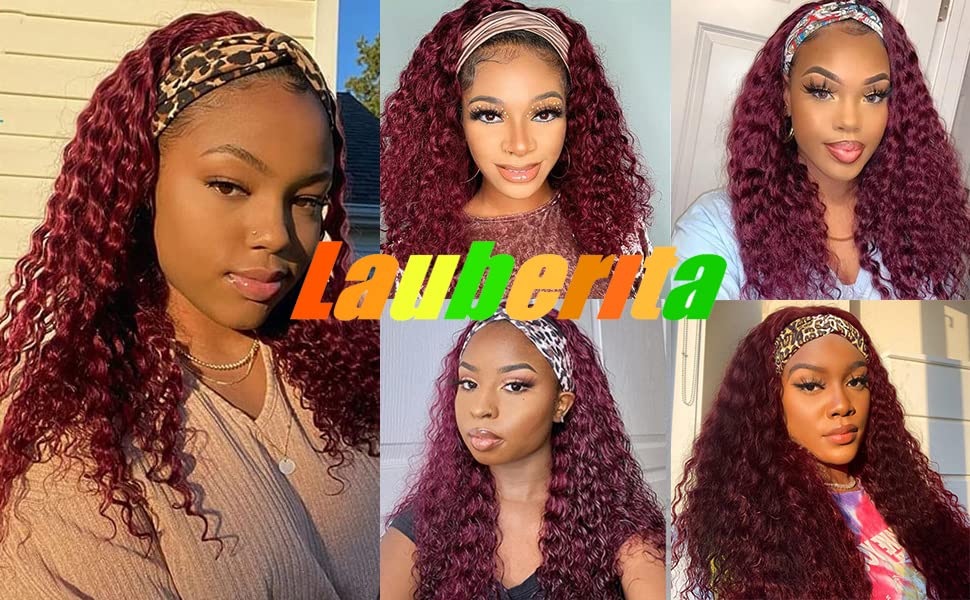 Lauberita Chocolate Brown Headband Wig Human Hair for Women #4 Deep Wave Headband Wig Glueless Curly Human Hair Wig 18 Inch