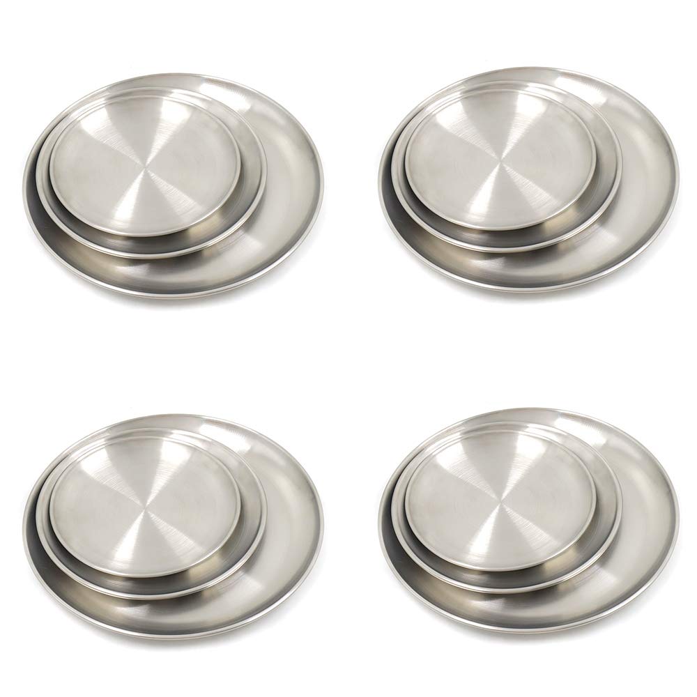 12 Pack Stainless Steel Plates, Reusable Brushed Metal Dinner Plates, Metal Dinner Dishes for Picnic BBQ Steak (sliver)