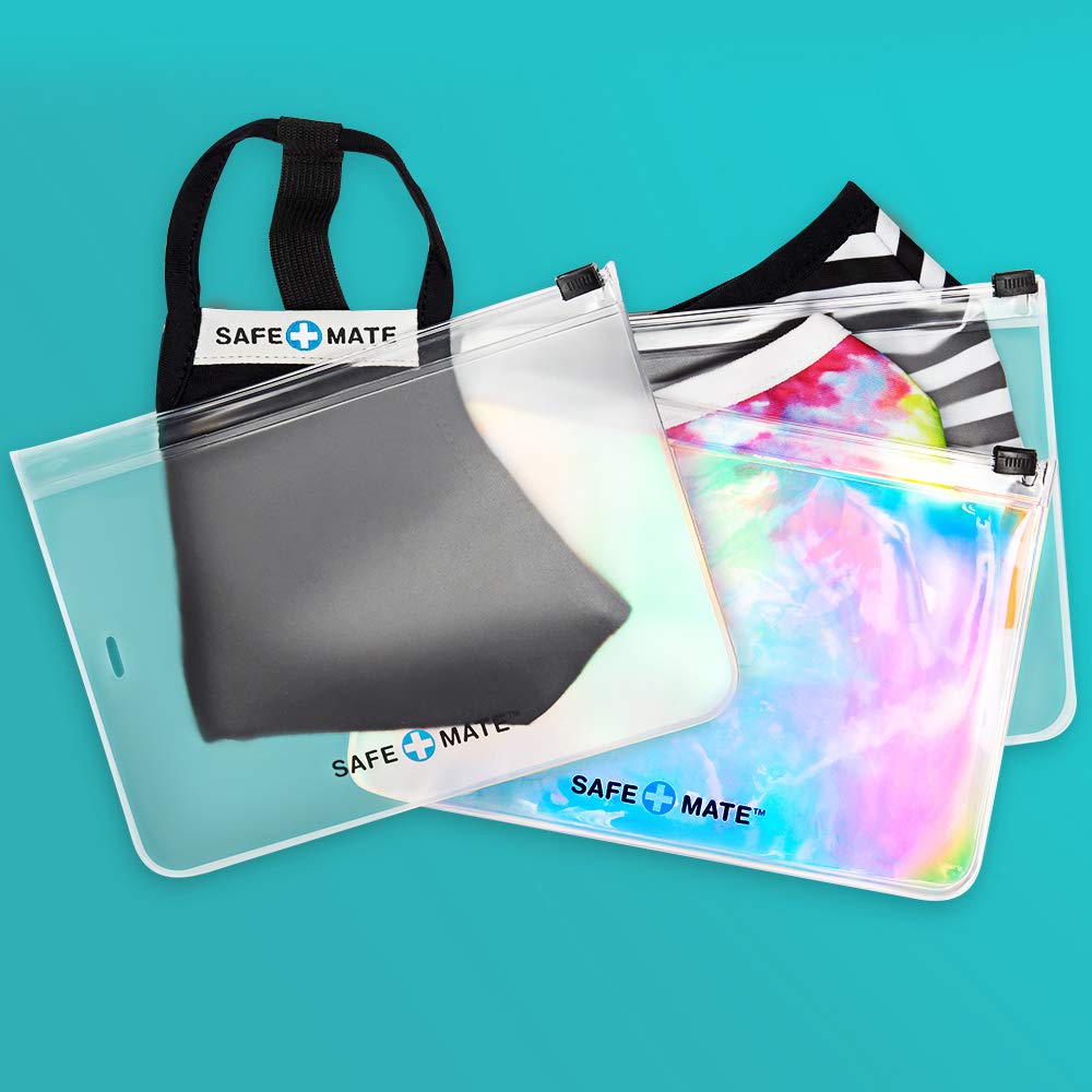 Safe+Mate - Face Mask Storage Bags - (3) Reusable - Carrying Pouch - Fits Most Cloth Face Masks - 3 Pack - 2 Frosted/1 Holographic