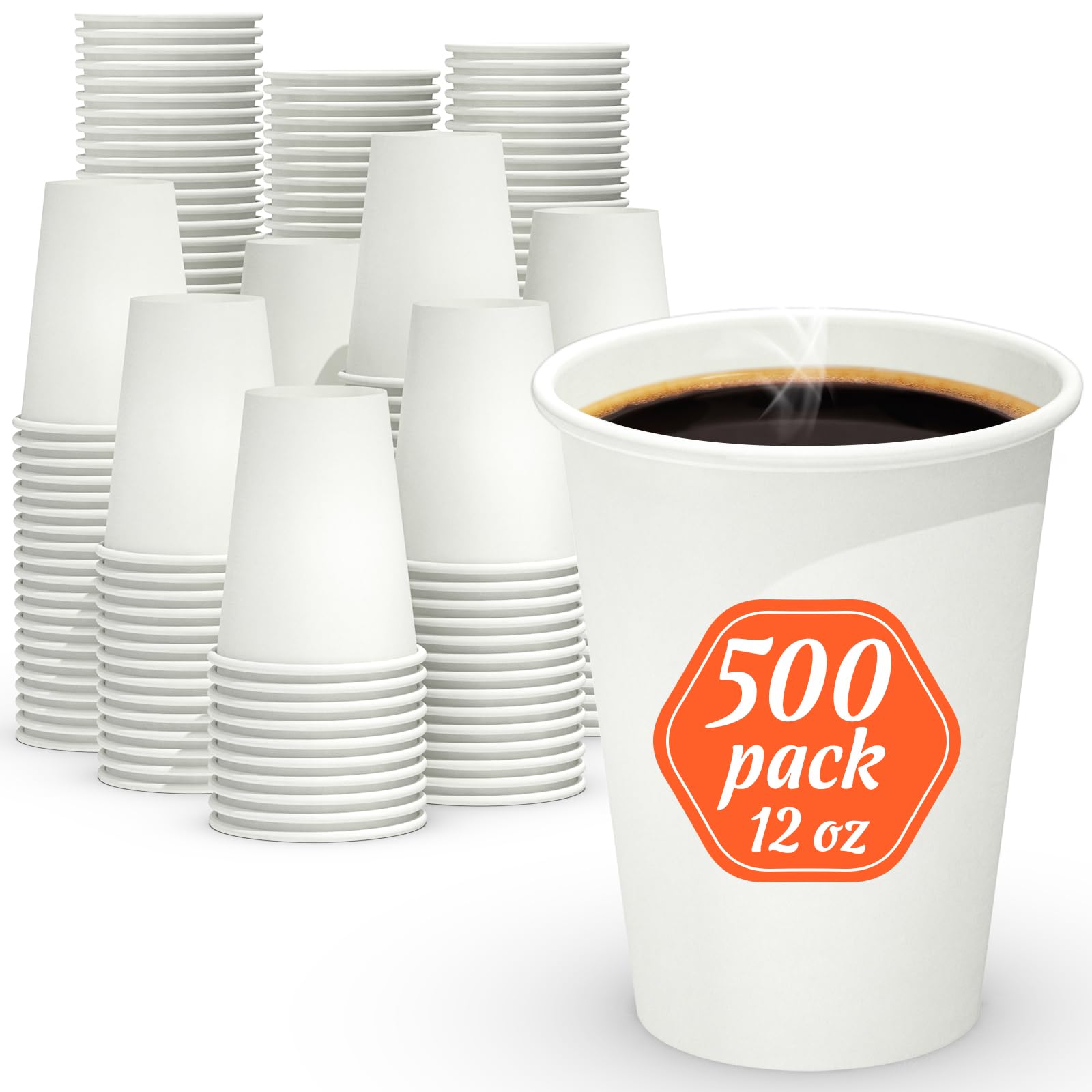 Dealusy 500 Count 12 oz Coffee Cups, Leak-Free Food Safe Paper Cups 12 oz, Disposable Coffee Cups, Hot Paper Coffee Cups 12oz, White Paper Cups for Cold and Hot Drinks