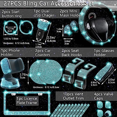 NBTEPEM 27 PCs Aquamrine Bling Car Accessories Set for Women, Steering Wheel Covers Universal Fit 15 Inch, Bling License Plate Frame, Bling Phone Holder, Bling Car Coasters (Aquamrine Diamond)