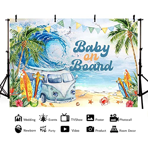 MEHOFOND 7x5ft Soft Fabric Summer Baby on Board Baby Shower Backdrop Summer Beach Oh Baby Baby Shower Party Decorations Tropical Sea Wave Surfboard Background Seaside Newborn Birthday Photo Props