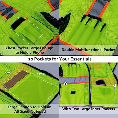 Sicalobo High Visibility Vest with Pockets Zipper for Men Women Construction Vest with Reflective Strips,Orange,L
