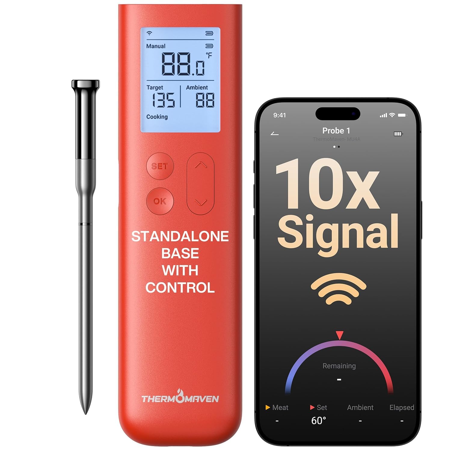 ThermoMaven Wireless Meat Thermometer, 10X Enhanced Signal and Stability with Sub-1G, Standalone Base with Display & Control, Certified Accuracy ±0.5°F, WiFi Unlimited Range for BBQ, Oven,Smoker,Grill