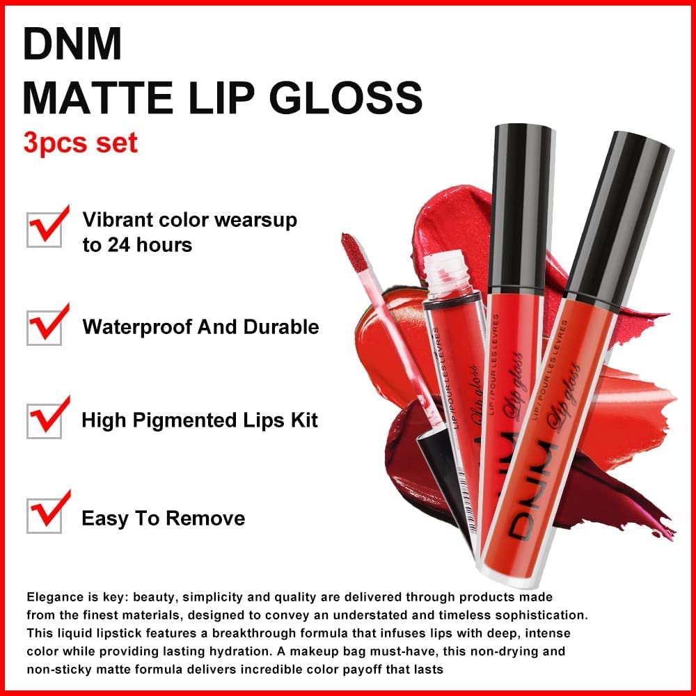 evpct DNM 3Pcs Dark Ruby Red Matte Liquid Lipstick Lip Stain Lipgloss sets for Women 24 Hour Red Matte Lipstick Long Lasting Smudge Proof