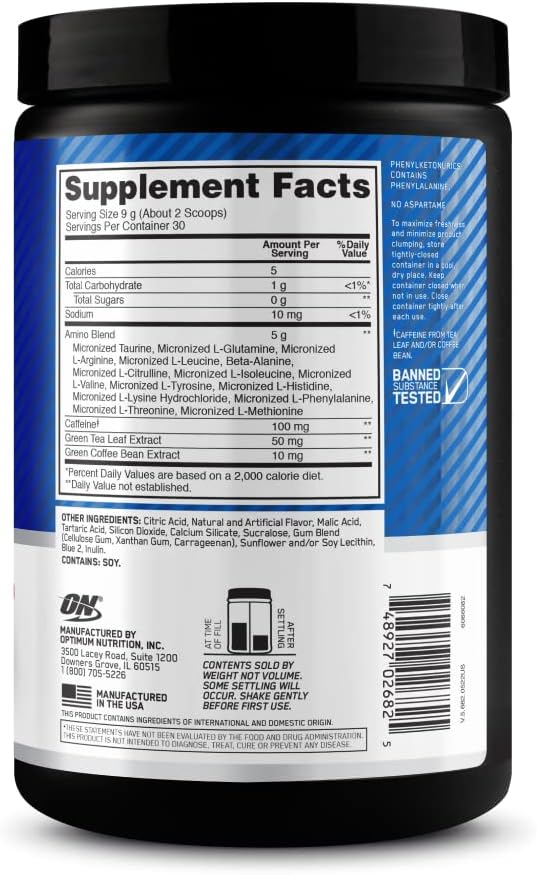 Optimum Nutrition Amino Energy - Pre Workout with Green Tea, BCAA, Amino Acids, Keto Friendly, Green Coffee Extract, Energy Powder - Blue Raspberry, 30 Servings (Packaging May Vary)