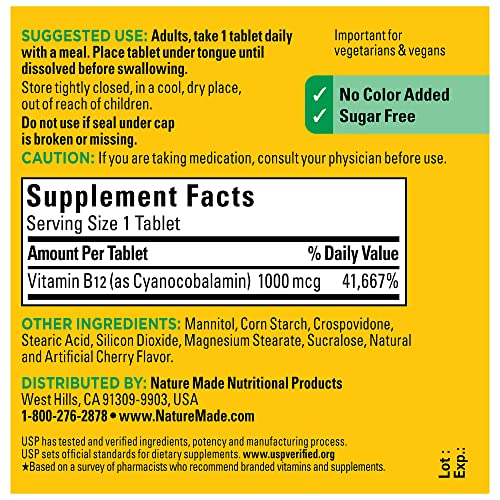 Nature Made Vitamin B12 1000 mcg, Easy to Take Sublingual B12 for Energy Metabolism Support, 50 Sugar Free Fast Dissolve Tablets, 50 Day Supply