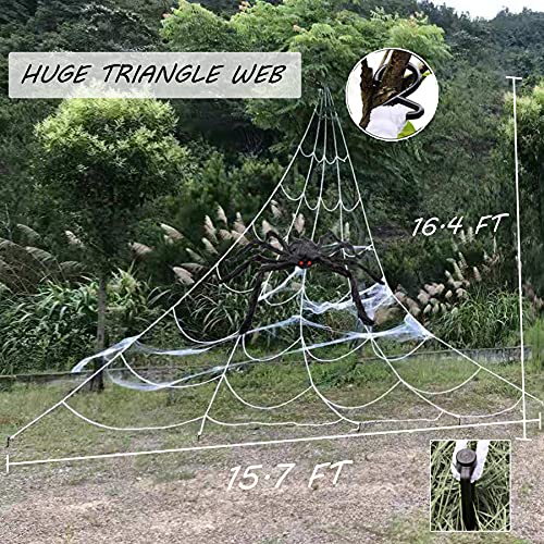Easeen Halloween Spider Decorations, 50" Scary Giant Spider with 200" Triangle Web & 2×20gr Spider Webs, Large Hairy Spider Props for Halloween Creepy Decor Indoor, Outdoor, Party, Window, Wall, Yard