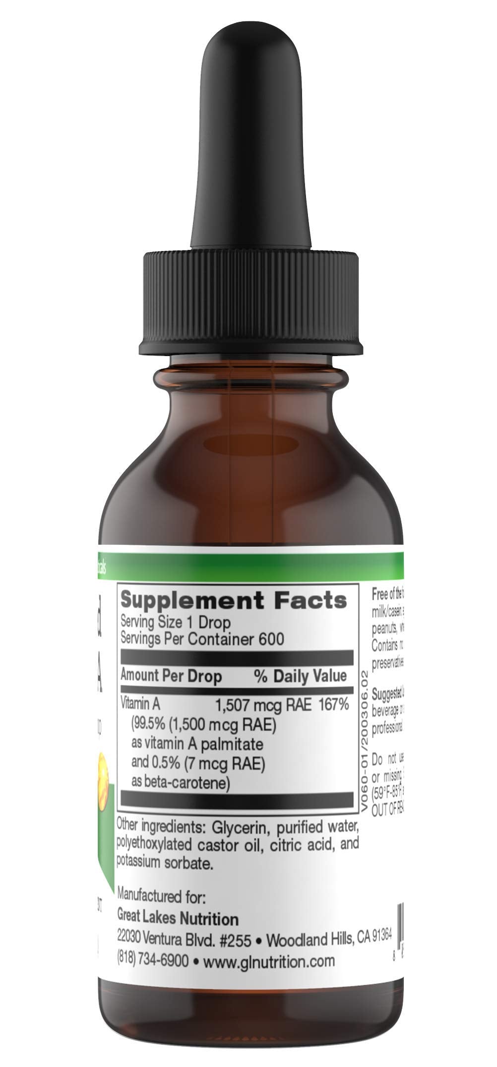 Great Lakes Nutrition Micellized Vitamin A Drops | Liquid Vitamin A Supplement for Men & Women | Premium Liquid Palmitate & Beta Carotene Drops - 1,507mcg RAE - Equivalent to 5025IU per Drop | 1 Oz