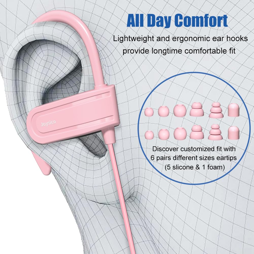 Joysico Wired Over Ear Earbuds with Microphone Volume Control Ear Hook and Case, Sweatproof Sport Earphones for Running Exercise Gym Workout, Wrap Around Headphones for Cellphones, Laptop, Tablet Pink